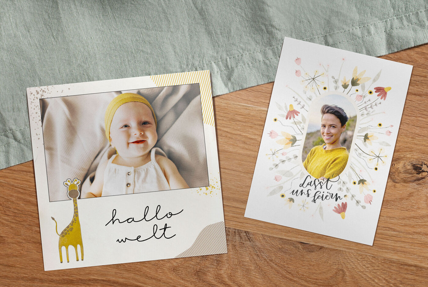 Deux cartes joliment conçues avec un motif de bébé, une girafe et une robe jaune.