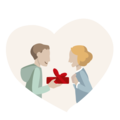 Un homme remet un cadeau rouge en forme de cœur à une femme. Ils sourient et semblent heureux.