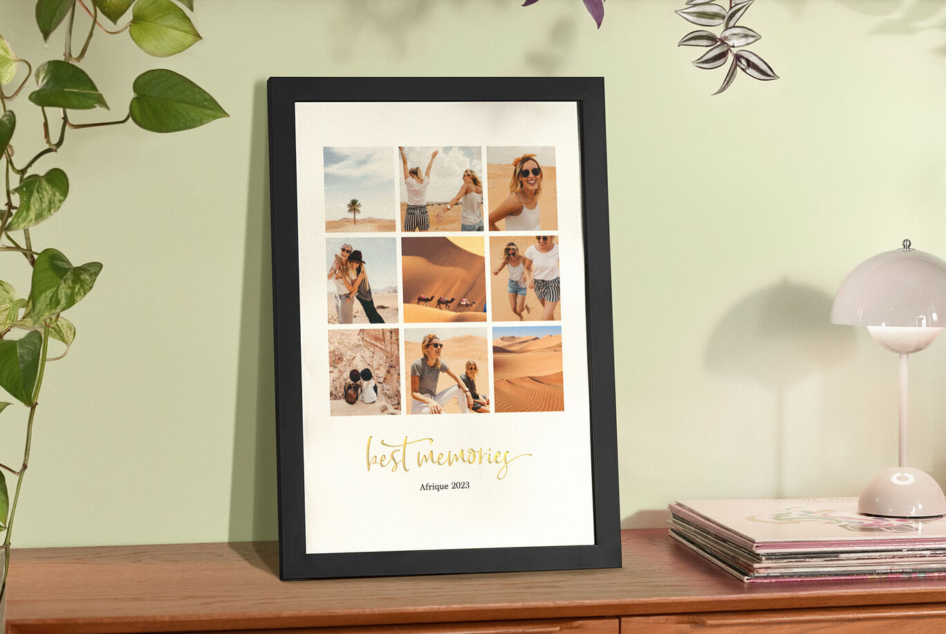 Un beau tableau avec plusieurs photos de moments joyeux à la plage et dans le désert. Inscription 'meilleurs souvenirs'.