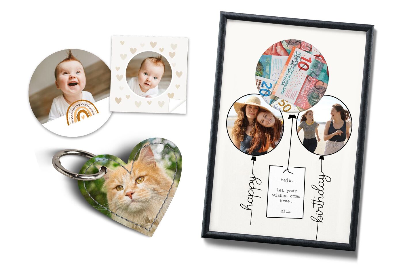 Trois produits photo personnalisés : Un porte-clés en forme de cœur, deux images rondes avec cadre décoratif.