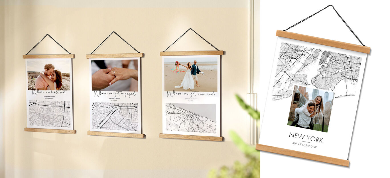 Trois cadres photo stylés avec des images de couples et une carte de la ville ainsi qu'une photo de famille.