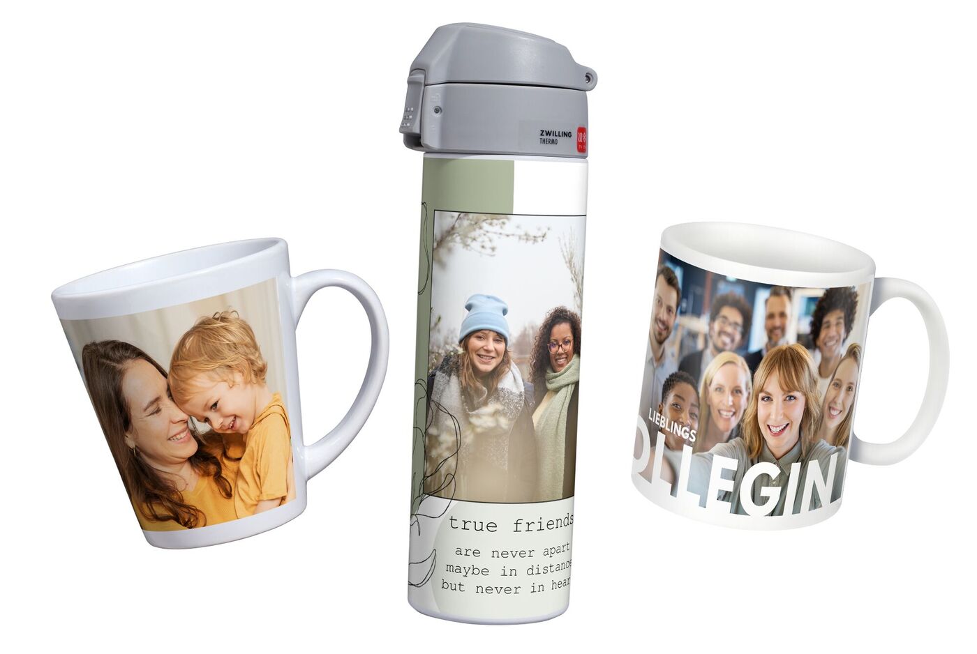 Deux tasses personnalisées et une bouteille, décorées de photos souvenirs joyeuses.