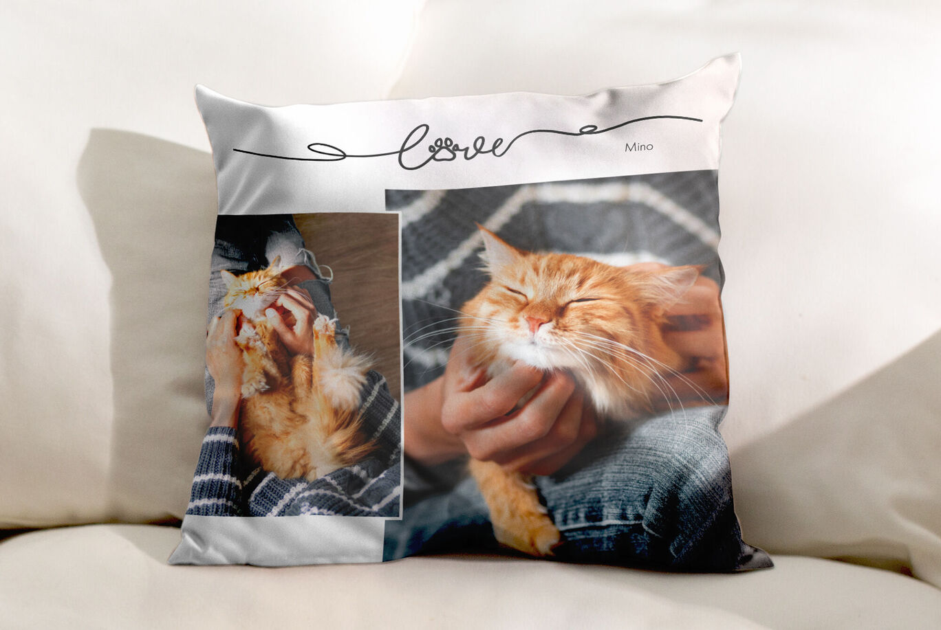 Un chat aimant est câliné par une personne, le coussin a des photos et le mot 'Love'.