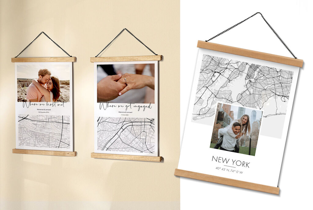 Trois cadres en bois avec des images: deux photos de mariage et un plan de New York avec un portrait.