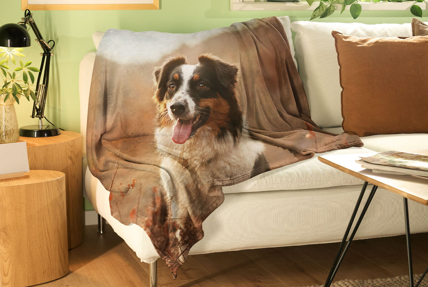 Couverture confortable avec un chien souriant dessus, sur un canapé.
