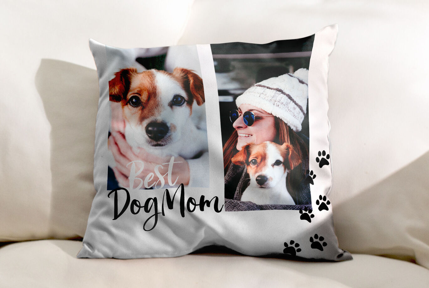 Un coussin avec des images d'un chien et le texte 'Meilleure Maman de Chien'.