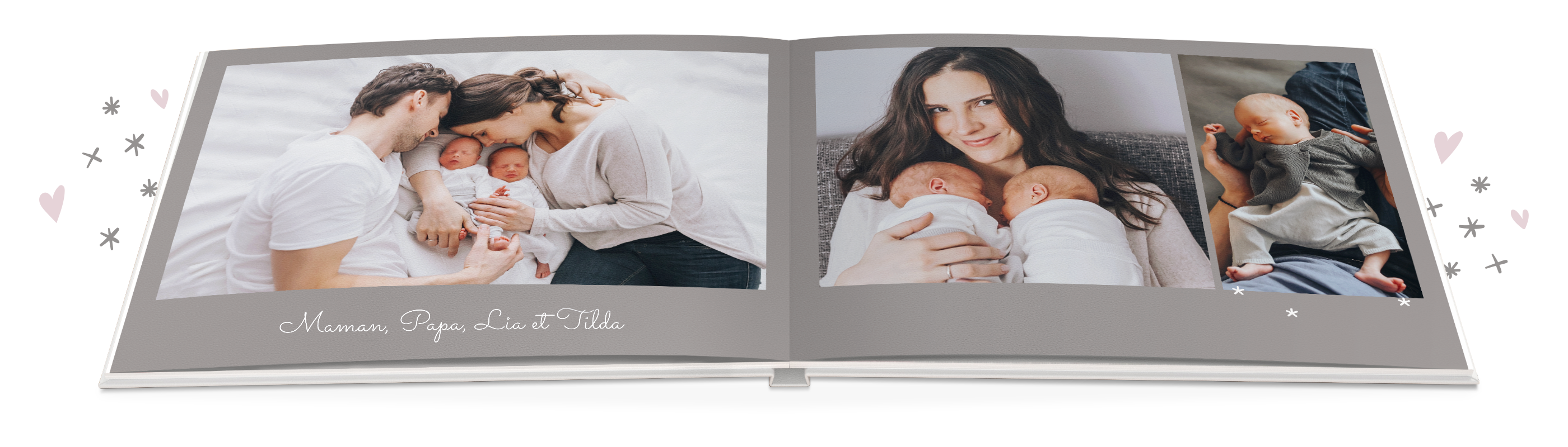 Une famille aimante avec des jumeaux dans un livre photo.