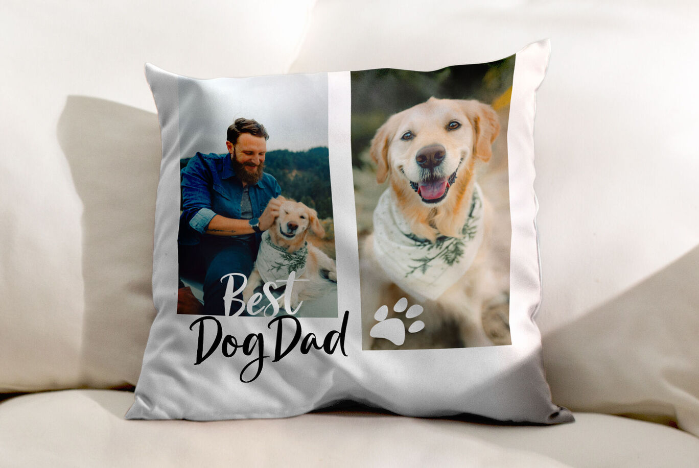 Coussin avec l'inscription 'Meilleur Papa de Chien' et des images d'un chien et de son maître.